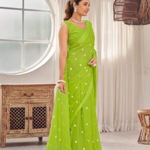 Manohari Most Trendy Embroidery Saree With Unstich Blouse Piece Green