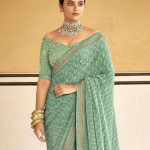 SIRIL Women's Bandhani Printed Embroidery Lace Georgette Saree with Unstitched Blouse Piece Mint Green