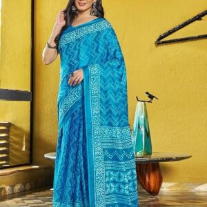 SIRIL Women's Cotton Printed Ready To Wear One Minute Saree With Unstitched Blouse Light Blue