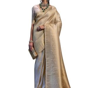 AKHILAM Women's Silk Blend Bandhani Print Kanjivaram Saree Saree With Unstitched Blouse Piece Creamy White