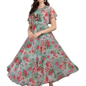 Fashion2wear Women's Georgette Floral Digital Print Short Sleeve Full-Length Fit & Flare Long Gown Dress for Girls (LN-X9TQ-MN1D) Green_Flower