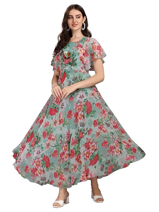 Fashion2wear Women's Georgette Floral Digital Print Short Sleeve Full-Length Fit & Flare Long Gown Dress for Girls (LN-X9TQ-MN1D) Green_Flower