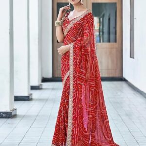 SIRIL Women's Bandhani Printed Embroidery Lace Georgette Saree with Unstitched Blouse Piece Red