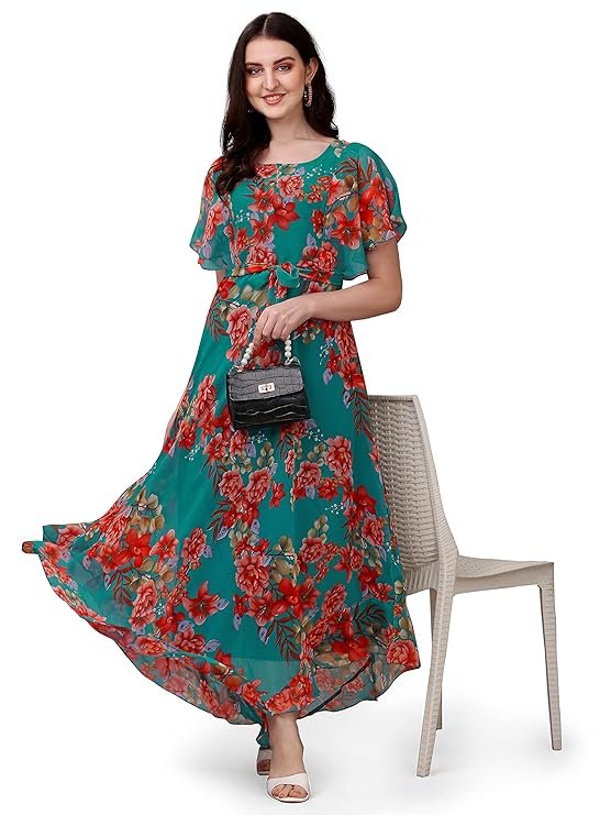 Fashion2wear Women's Georgette Floral Digital Print Short Sleeve Full-Length Fit & Flare Long Gown Dress for Girls (LN-X9TQ-MN1D) Sky_Flower - Image 3