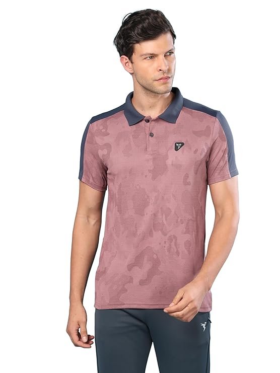 TECHNOSPORT Men's Slim Fit Polyester Sporty Print Athleisure Polo T-Shirt with Half Sleeve, Moisture Wicking and Quick Dry