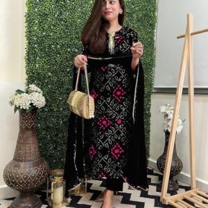 GoSriKi Women's Rayon Viscose Straight Bandhej Printed Kurta with Pant & Dupatta Black