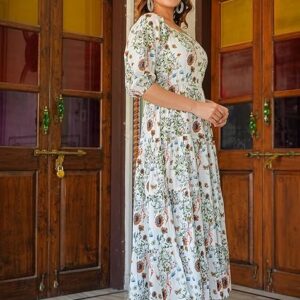 Yash Gallery Women's Rayon Floral Printed Tiered Style Maxi Dress White