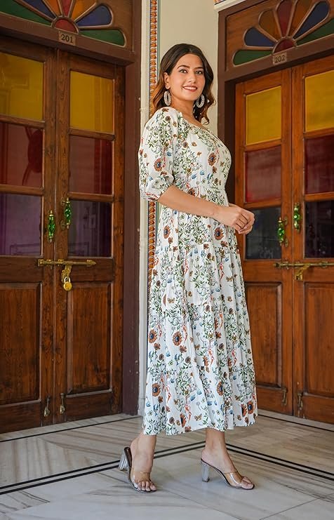 Yash Gallery Women's Rayon Floral Printed Tiered Style Maxi Dress White