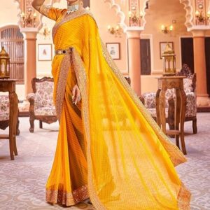 SIRIL Women's Bandhani Printed Embroidery Lace Georgette Saree with Unstitched Blouse Piece Light Yellow