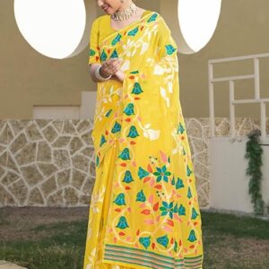 SIRIL Women's Cotton Jacquard Saree With Unstitched Blouse Piece Yellow