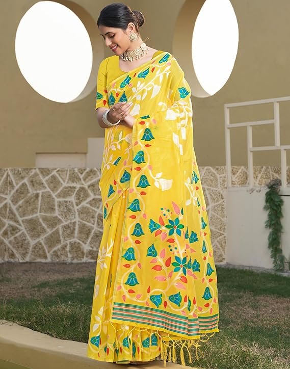 SIRIL Women's Cotton Jacquard Saree With Unstitched Blouse Piece Yellow