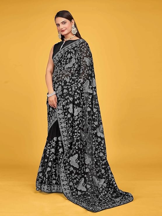 Manohari Most Trendy Embroidery Saree With Unstich Blouse Piece Black