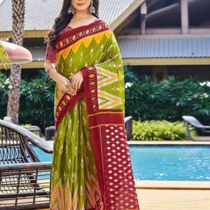SIRIL Women's Cotton Printed Ready To Wear One Minute Saree With Unstitched Blouse Red & Green