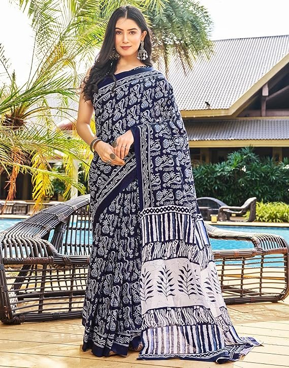 SIRIL Women's Cotton Printed Ready To Wear One Minute Saree With Unstitched Blouse Piece Dark Blue - Image 2
