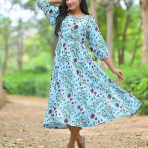 Yash Gallery Women's Rayon Floral Printed Tiered Style Maxi Dress Sky Blue