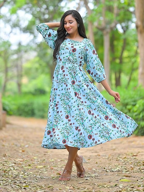 Yash Gallery Women's Rayon Floral Printed Tiered Style Maxi Dress Sky Blue