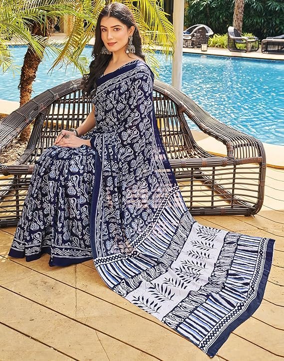 SIRIL Women's Cotton Printed Ready To Wear One Minute Saree With Unstitched Blouse Piece Dark Blue - Image 3