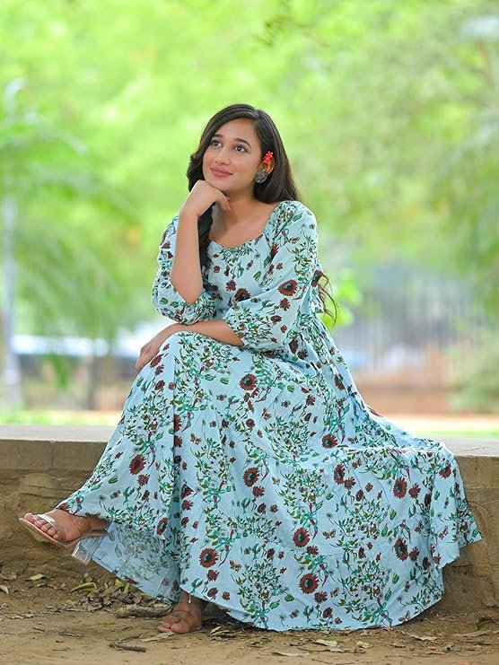 Yash Gallery Women's Rayon Floral Printed Tiered Style Maxi Dress Sky Blue - Image 2