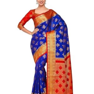 MIMOSA Women's Art Silk Kanjivarm Pattu Saree With Contrast Blouse (Blue_4309-312-RD-RBLU-RD)