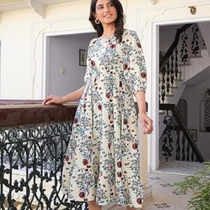 Yash Gallery Women's Rayon Floral Printed Tiered Style Maxi Dress Pista Green