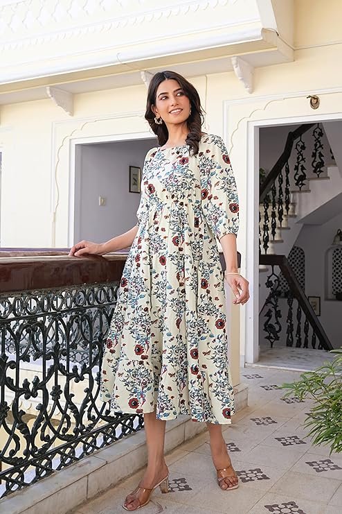 Yash Gallery Women's Rayon Floral Printed Tiered Style Maxi Dress Pista Green