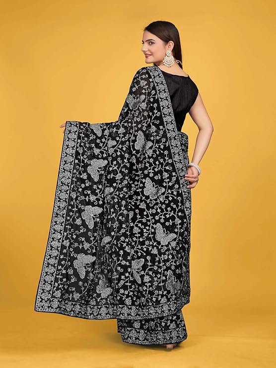 Manohari Most Trendy Embroidery Saree With Unstich Blouse Piece Black - Image 3