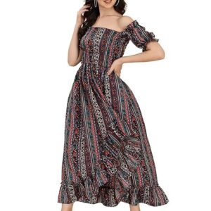 OOMPH! Flared Dress for Women Stylish | Long One Piece for Women | Off Shoulder Puff Sleeve Long Dress | Floral Print Maxi One Piece | Western & Fusion wear Bohemian Style multicolor