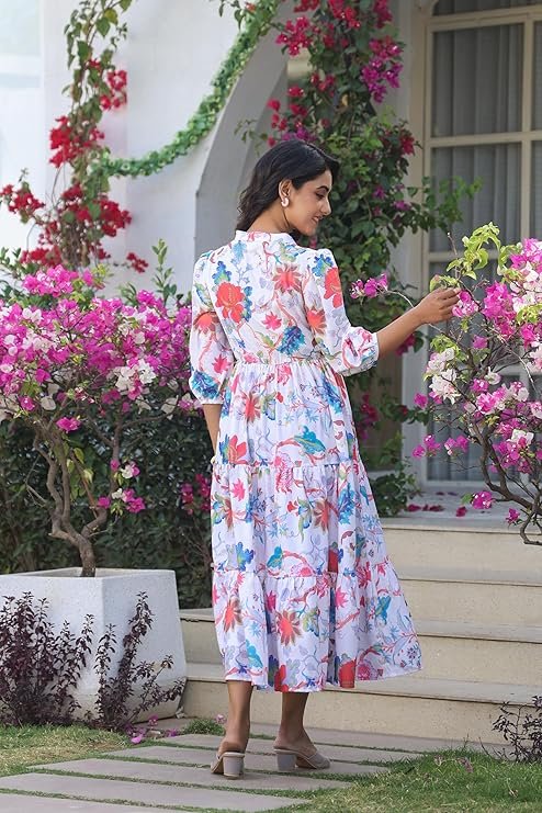 Leriya Fashion Women?s Floral High-Low Maxi Dress | V-Neck A-Line Fit | 3/4 Sleeve Summer Outfit for Vacation, Brunch, Festive & Beach Wear White - Image 2