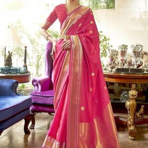 AKHILAM Women's Silk Blend Bandhani Print Kanjivaram Saree Saree With Unstitched Blouse Piece Pink