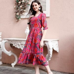SMOWKLY Women's Georgette Floral Printed Indo-Western Ethnic Gown || Half Sleeve V Neck Fit & Flare Flared Hem Design || A-Line Maxi Dress Casual Wear Pink