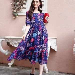 SMOWKLY Women's Georgette Floral Printed Indo-Western Ethnic Gown || Half Sleeve V Neck Fit & Flare Flared Hem Design || A-Line Maxi Dress Casual Wear Blue
